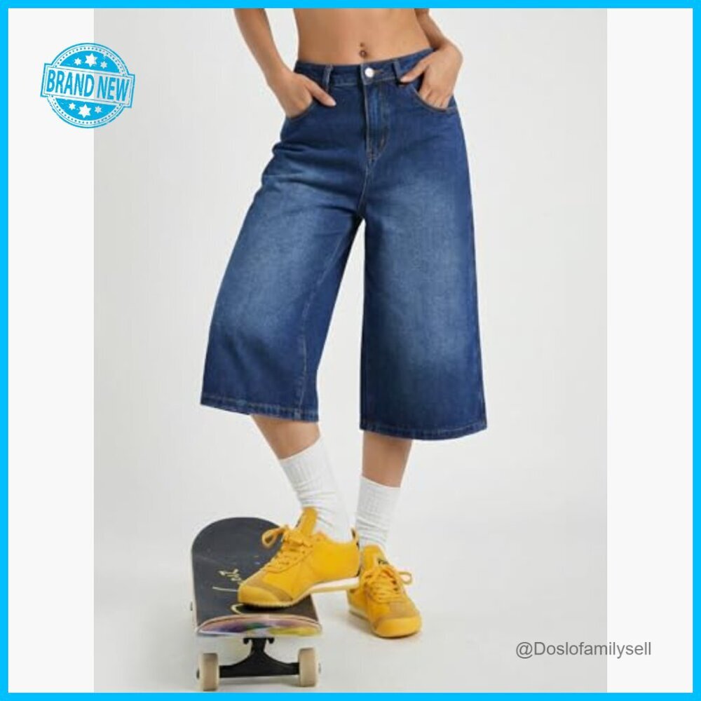 Y2K Retro Denim Bermudas Wide Leg Baggy Jean Shorts Mid High Waisted - Picture 5 of 7